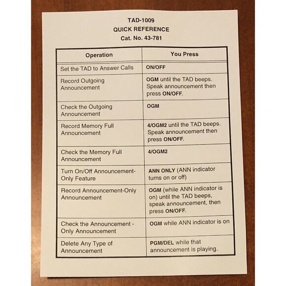RADIO SHACK Digital Telephone Answering System TAD-1009 OWNER'S MANUAL + GUIDES - Picture 4 of 7